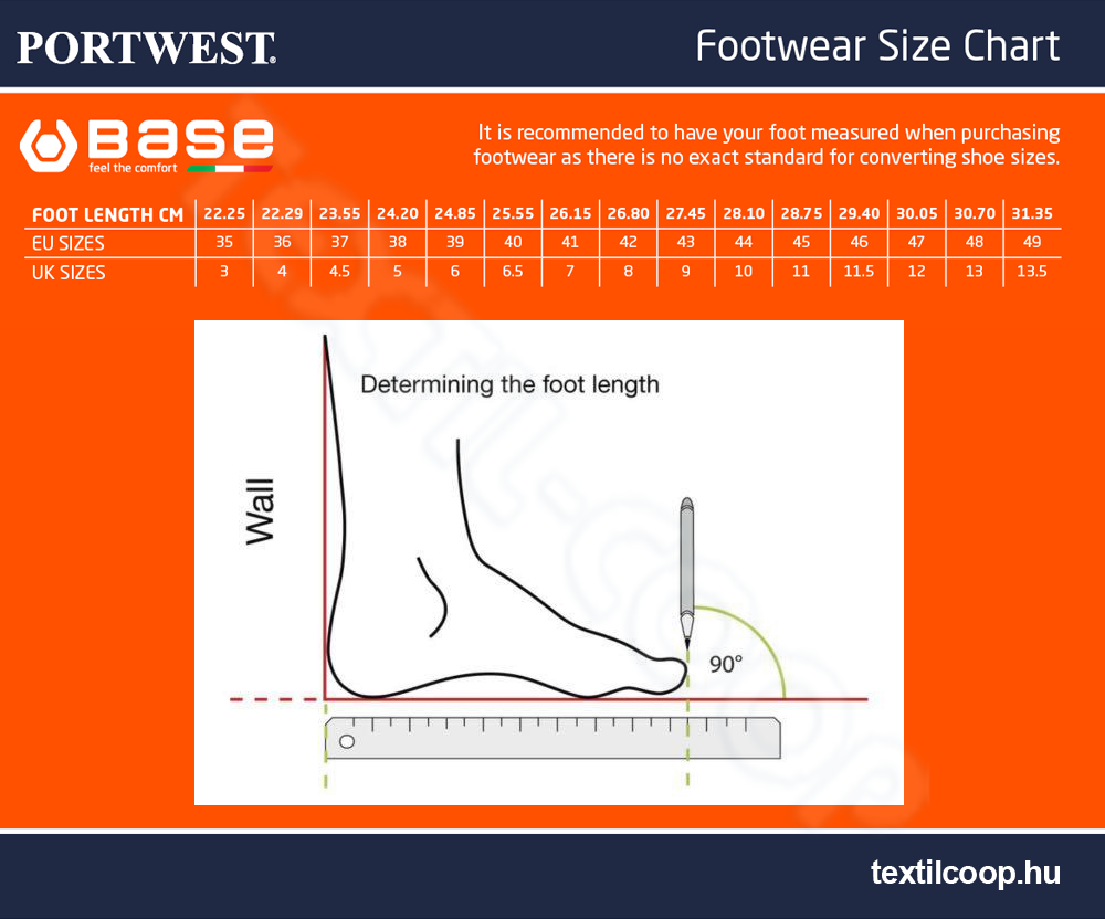 Base munkavédelmi lábbeli mérettáblázat