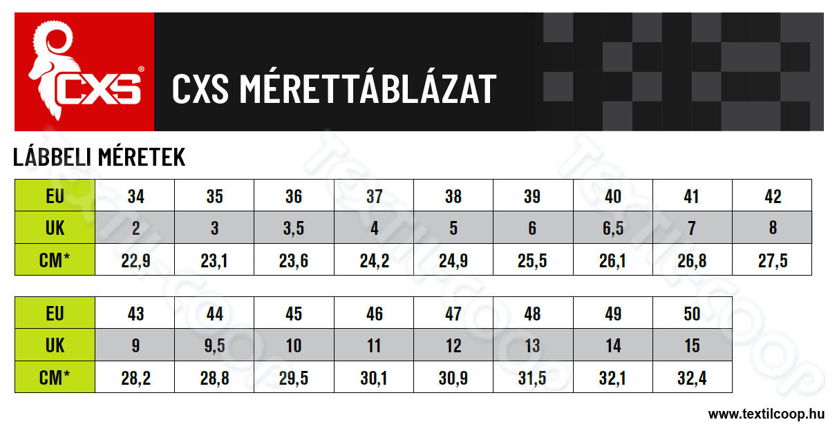 CXS labbeli mérettáblázat