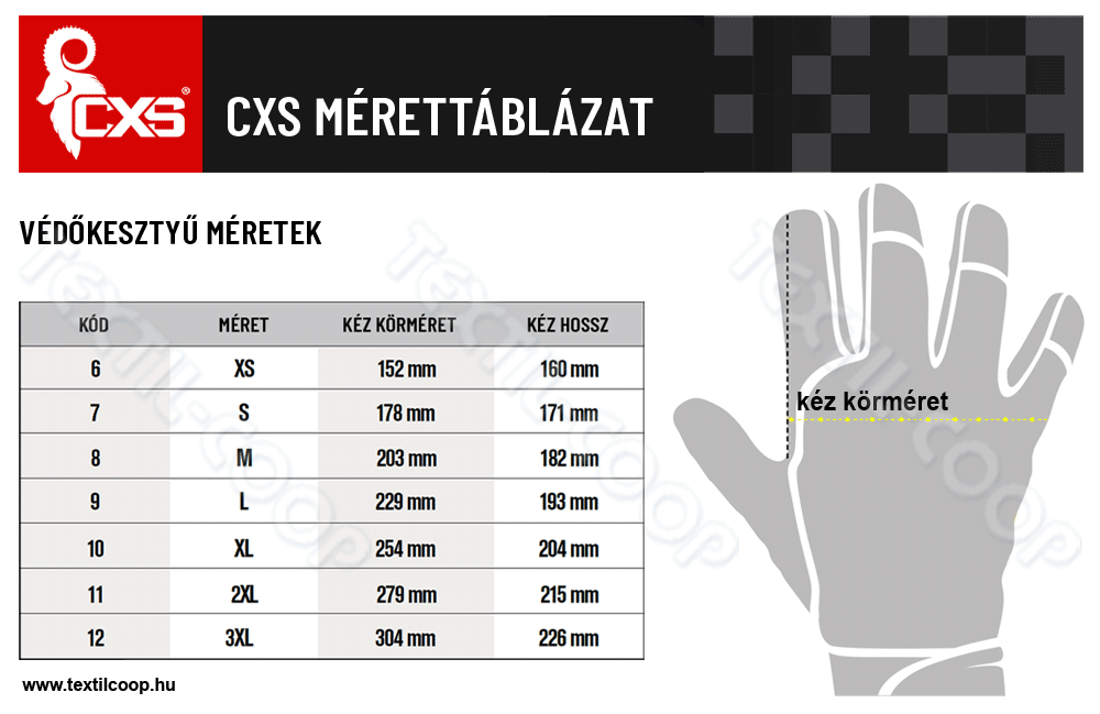 CXS védőkesztyű mérettáblázat