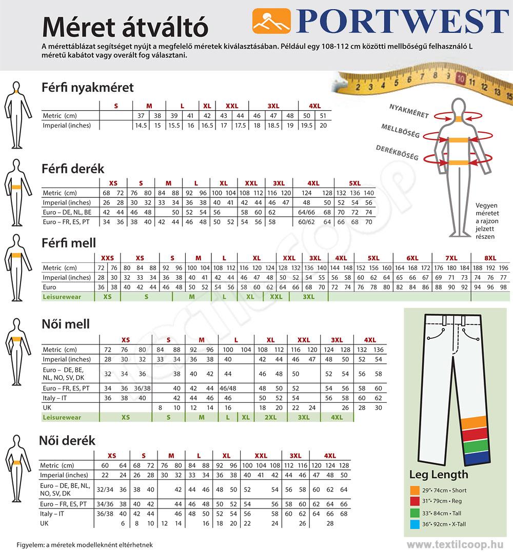 Portwest mérettáblázat