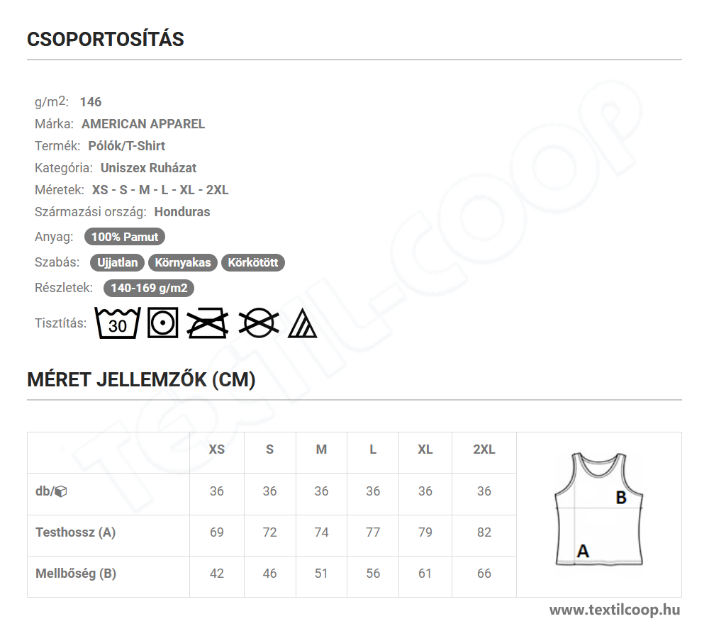 American Apparel AA2408 mérettáblázat