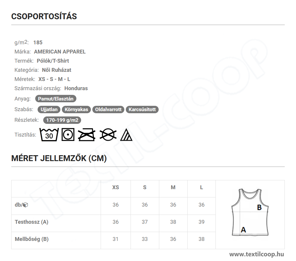 American Apparel AA8369 mérettáblázat