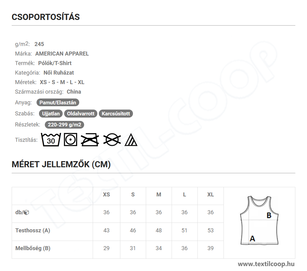 American Apparel AARSA8312 mérettáblázat