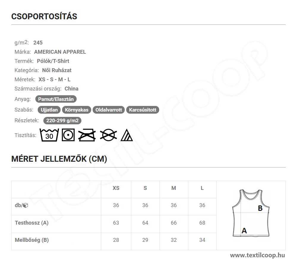 American Apparel AARSA8336 mérettáblázat