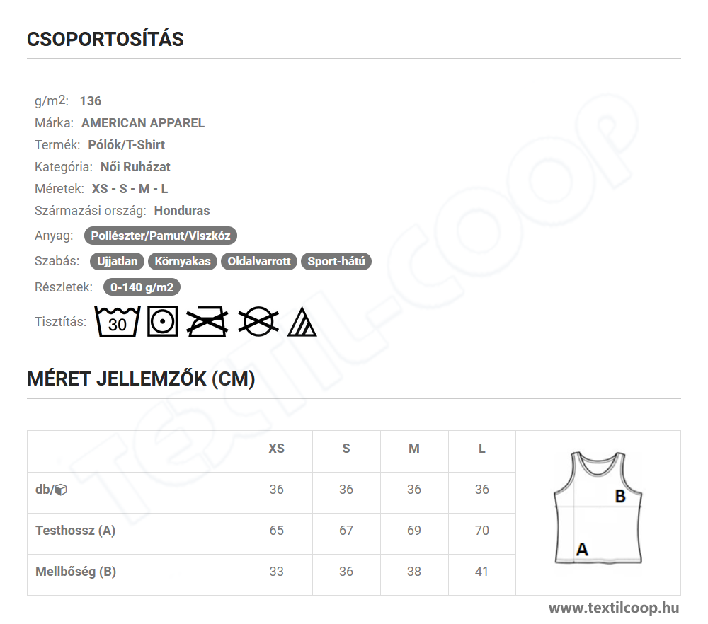 American Apparel AATR308 mérettáblázat