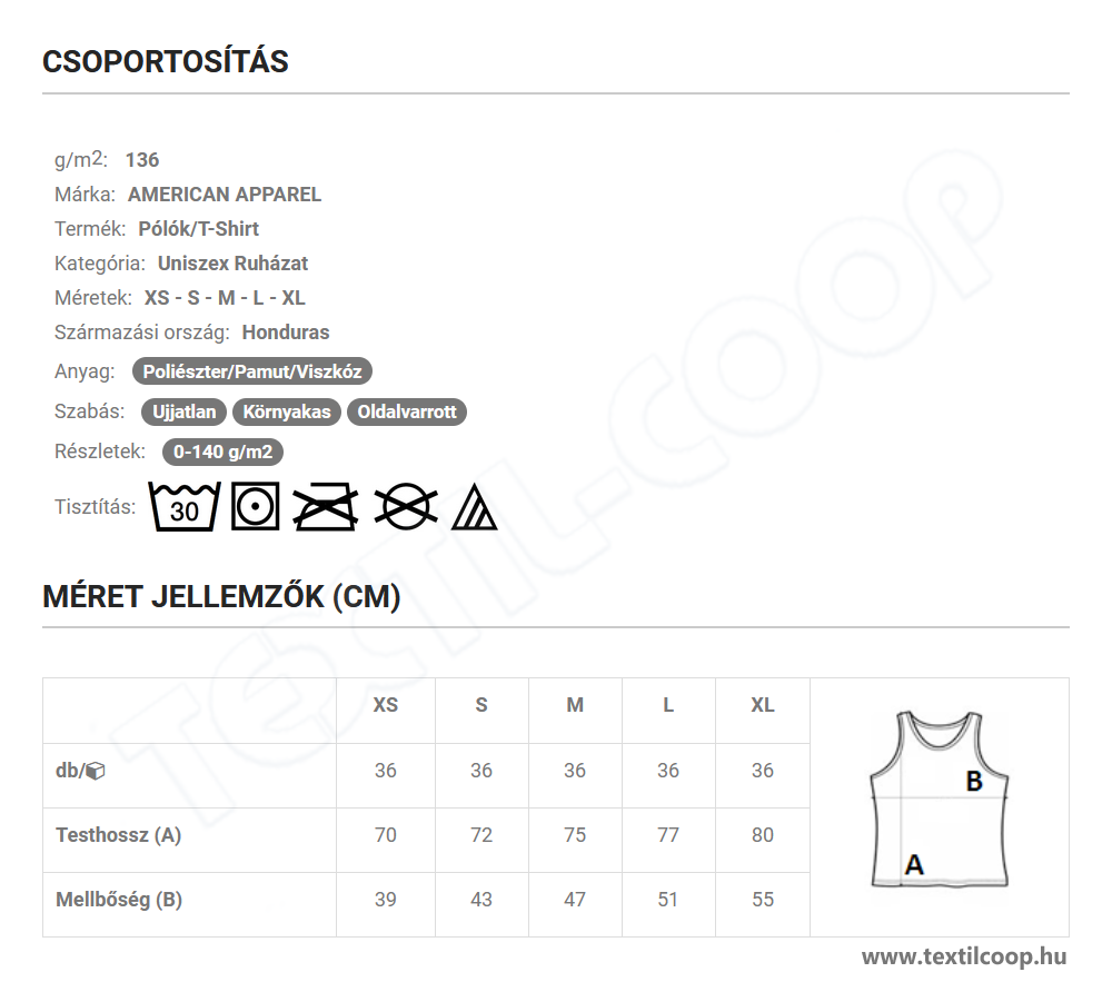 American Apparel AATR408 mérettáblázat