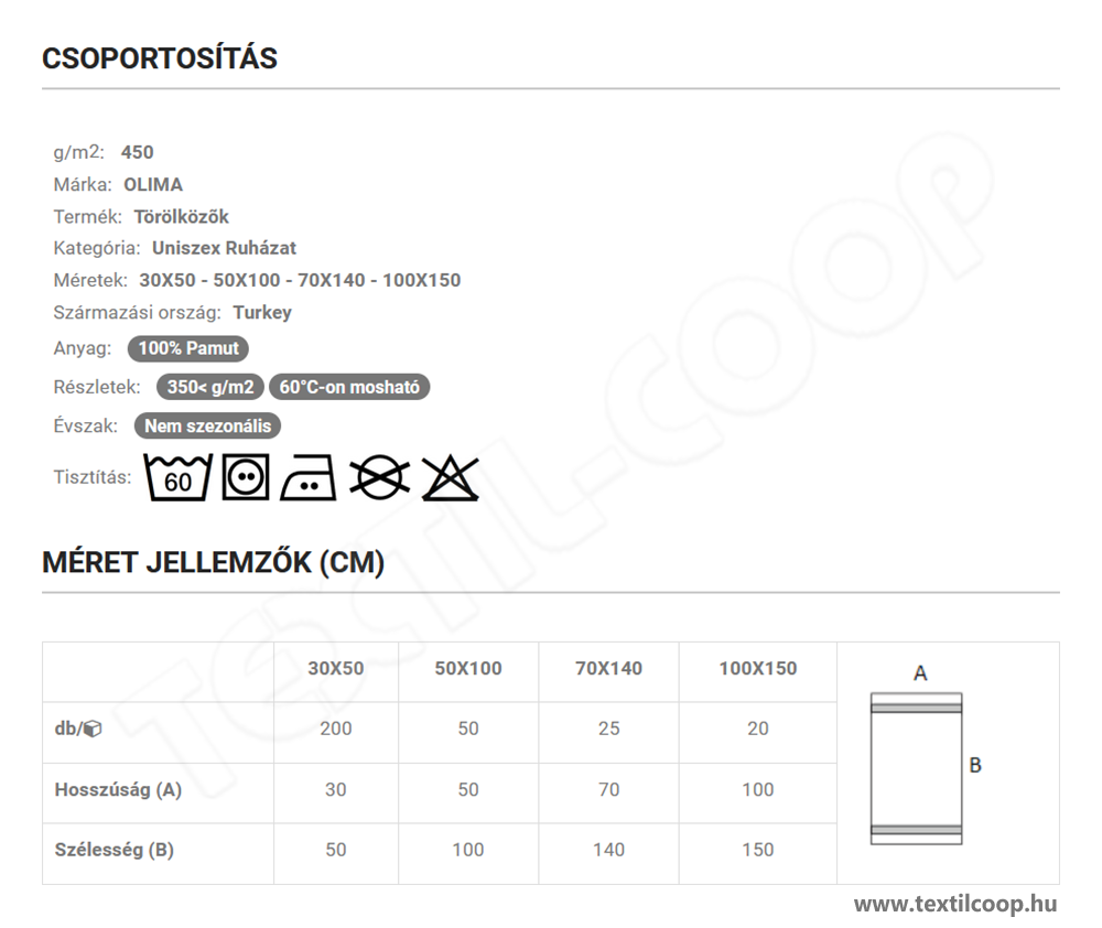 Olima OL450 mérettáblázat