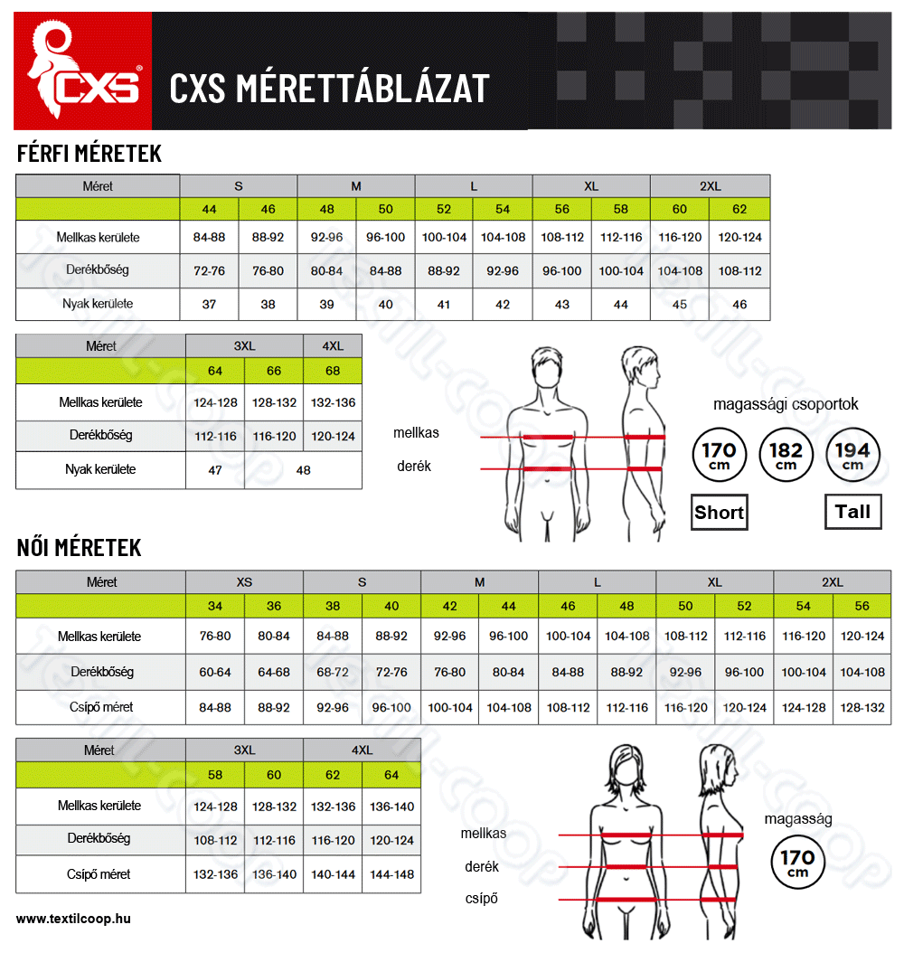 CXS munkaruha mérettáblázat