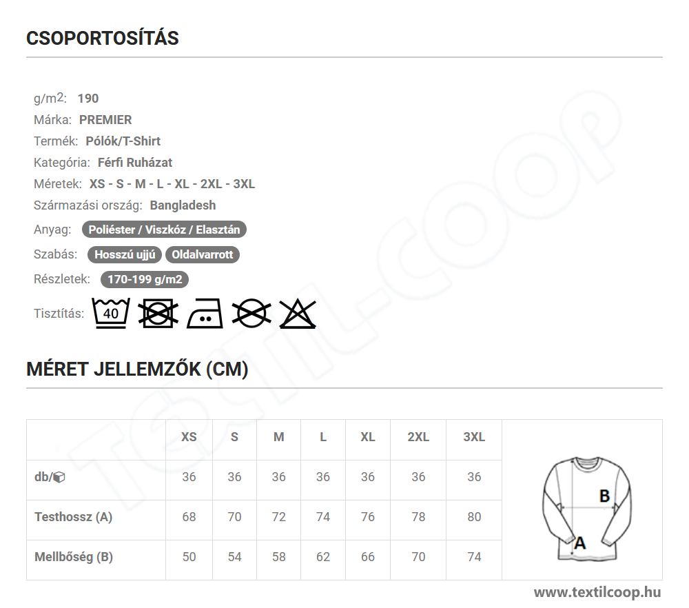 Premier PR218 mérettáblázat