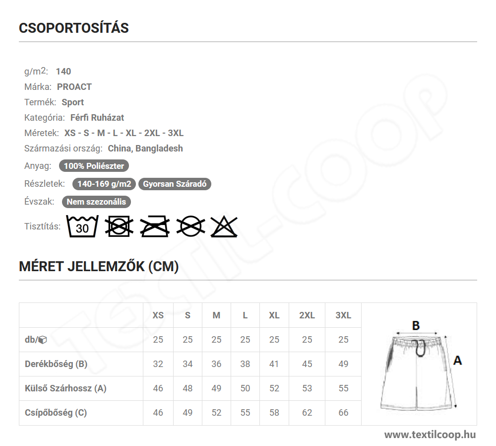 Proact PA101 mérettáblázat