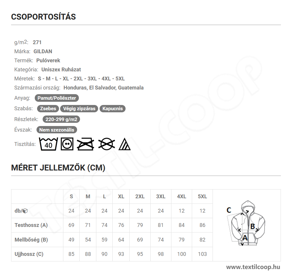 Gildan GI18600 mérettáblázat