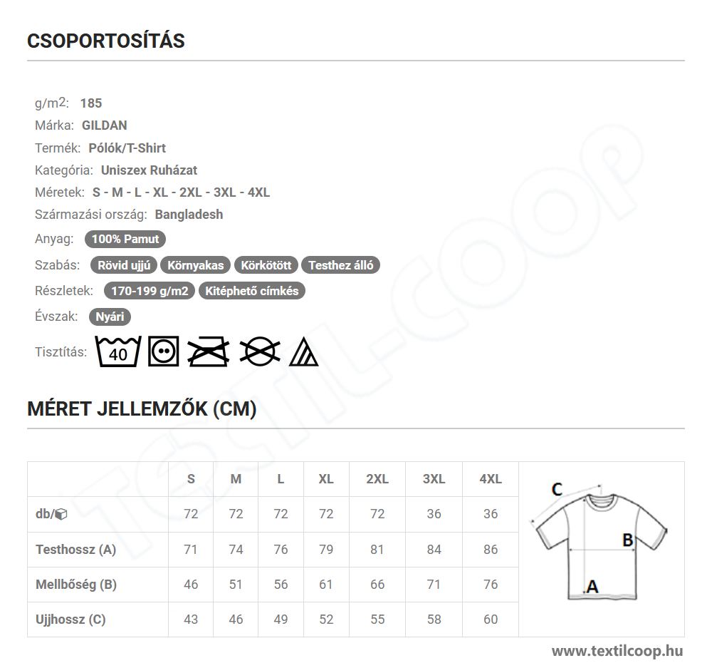 Gildan GI4100 mérettáblázat