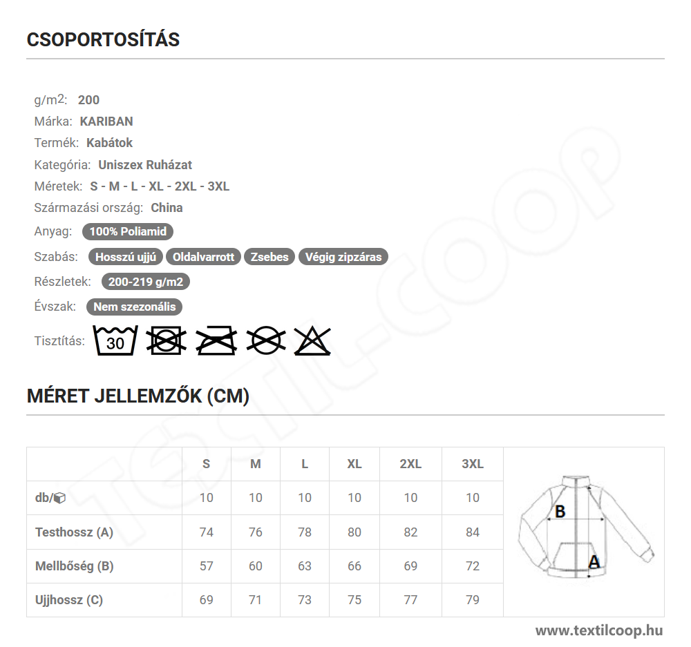 Kariban KA609 mérettáblázat