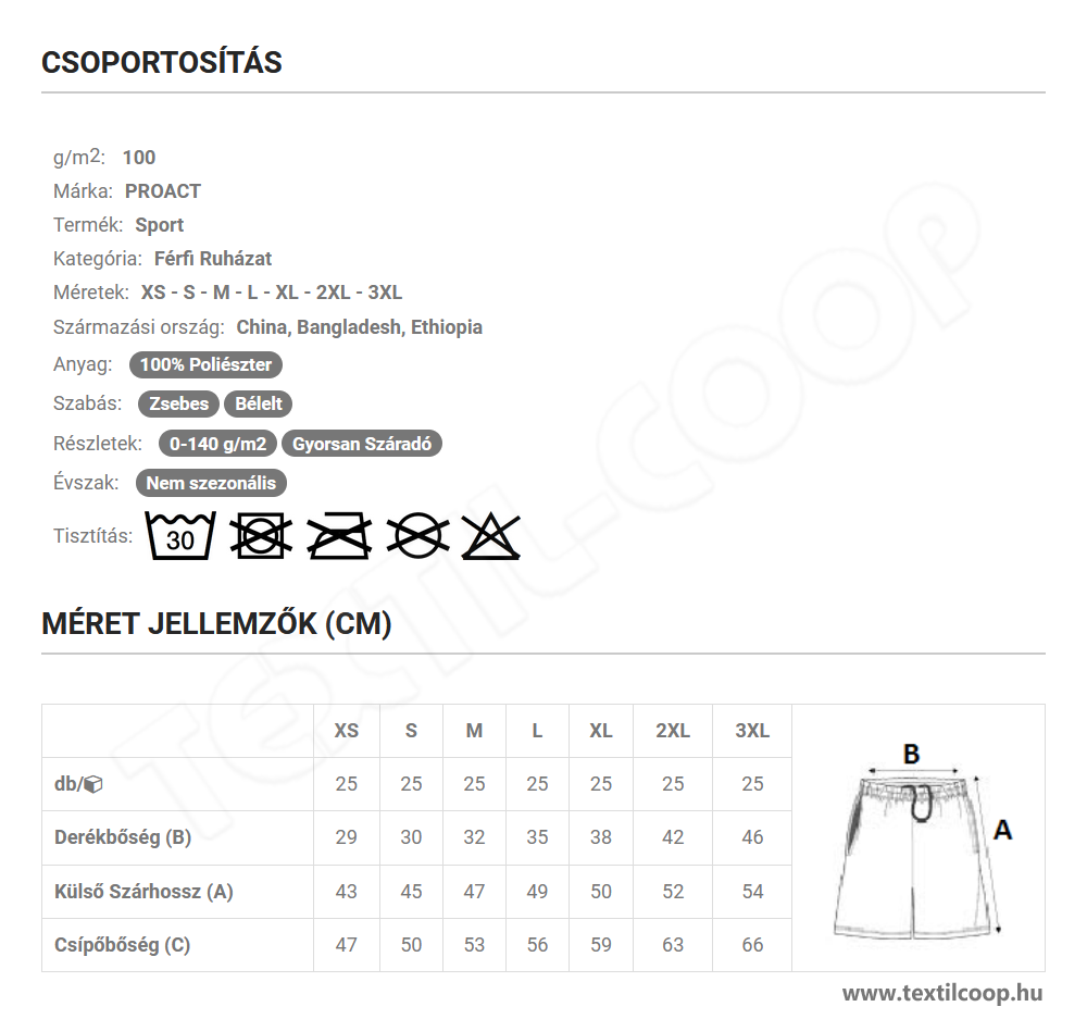 Proact PA154 mérettáblázat