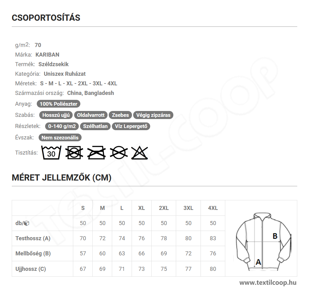 Kariban KA604 mérettáblázat