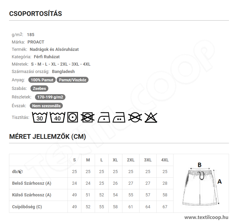 Proact PA151 mérettáblázat