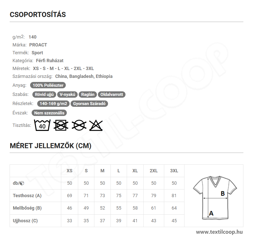 Proact PA476 mérettáblázat