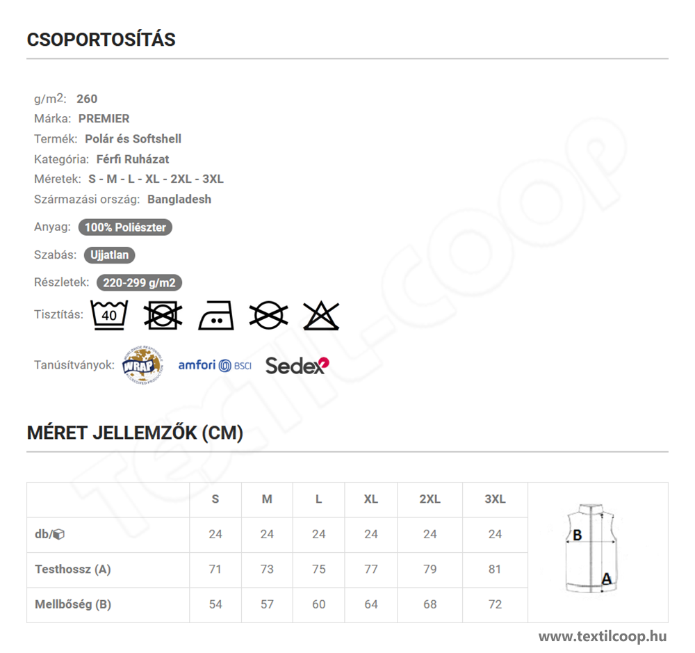 Premier PR803 mérettáblázat